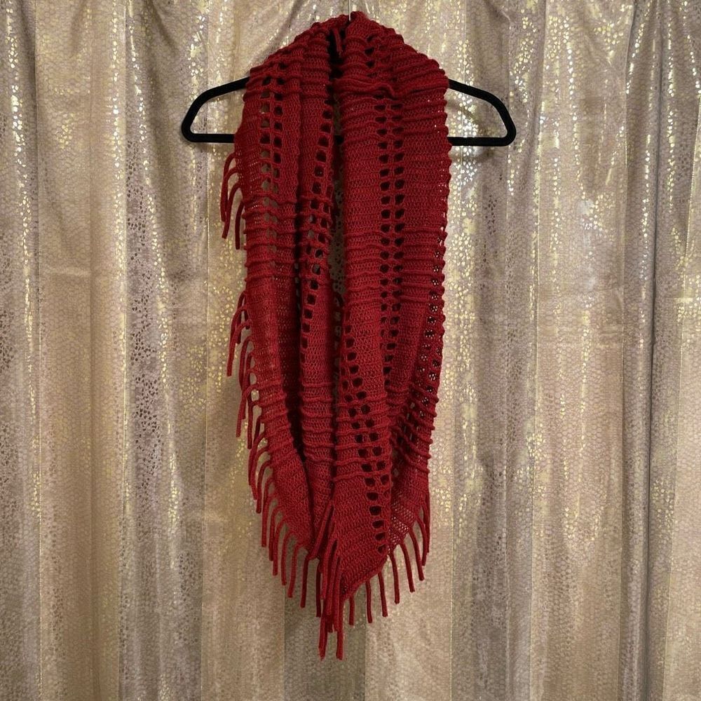 Tickled Pink Maroon Red Boho Fringe Knit Infinity Loop Scarf